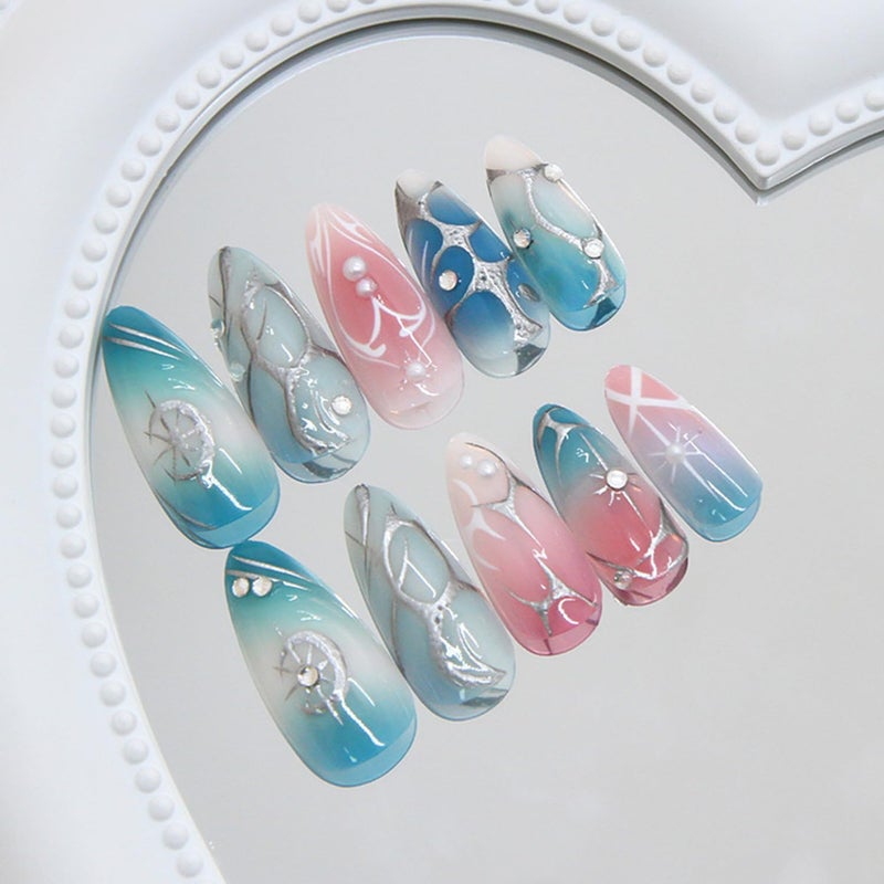 CJDLTS Medium Almond Shaped Gradient Blush 3D Silver Star Irregular Lines with Pearl Stick on Nails Full Cover Reusable Coffin Press on Nails Artificial Acrylic Fingernails for Women Manicure 24Pcs - Image 2